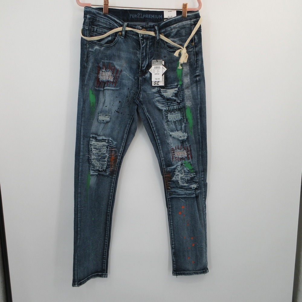 Rue21 Premium Supreme Flex Skinny Jeans Distressed Paint Splatter 34x30 NEW